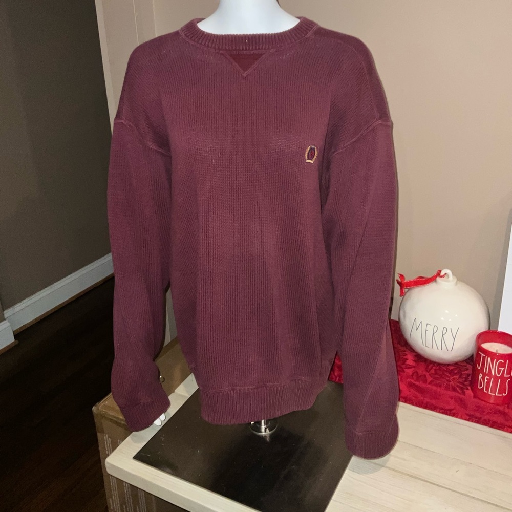 Vintage 90's Tommy Hilfiger Lion Crest Logo Warm Knitted Maroon Sweater Mens L